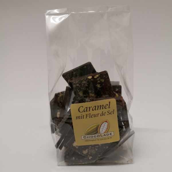 Schoggiplättli dunkel, caramel fleur de Sel (100 gramm)