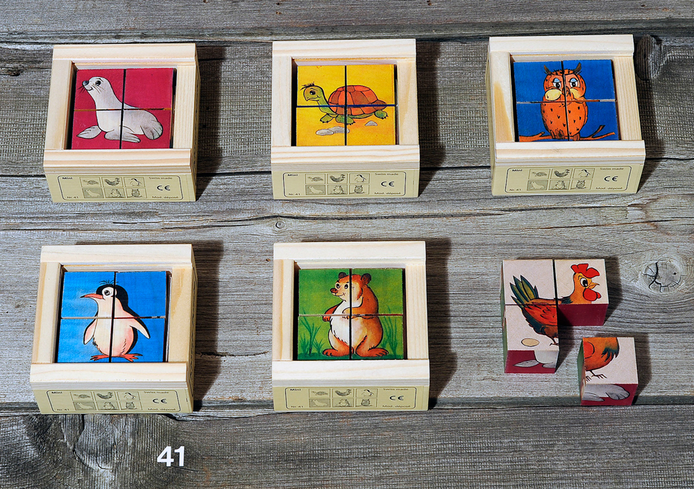 Würfelpuzzle, Haustiere mit Holzhintergrund Mini
